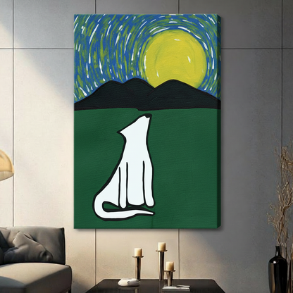 Canvas wall art featuring white wolf gazing at full moon over dark mountains with swirling blue-green sky, unframed canvas print