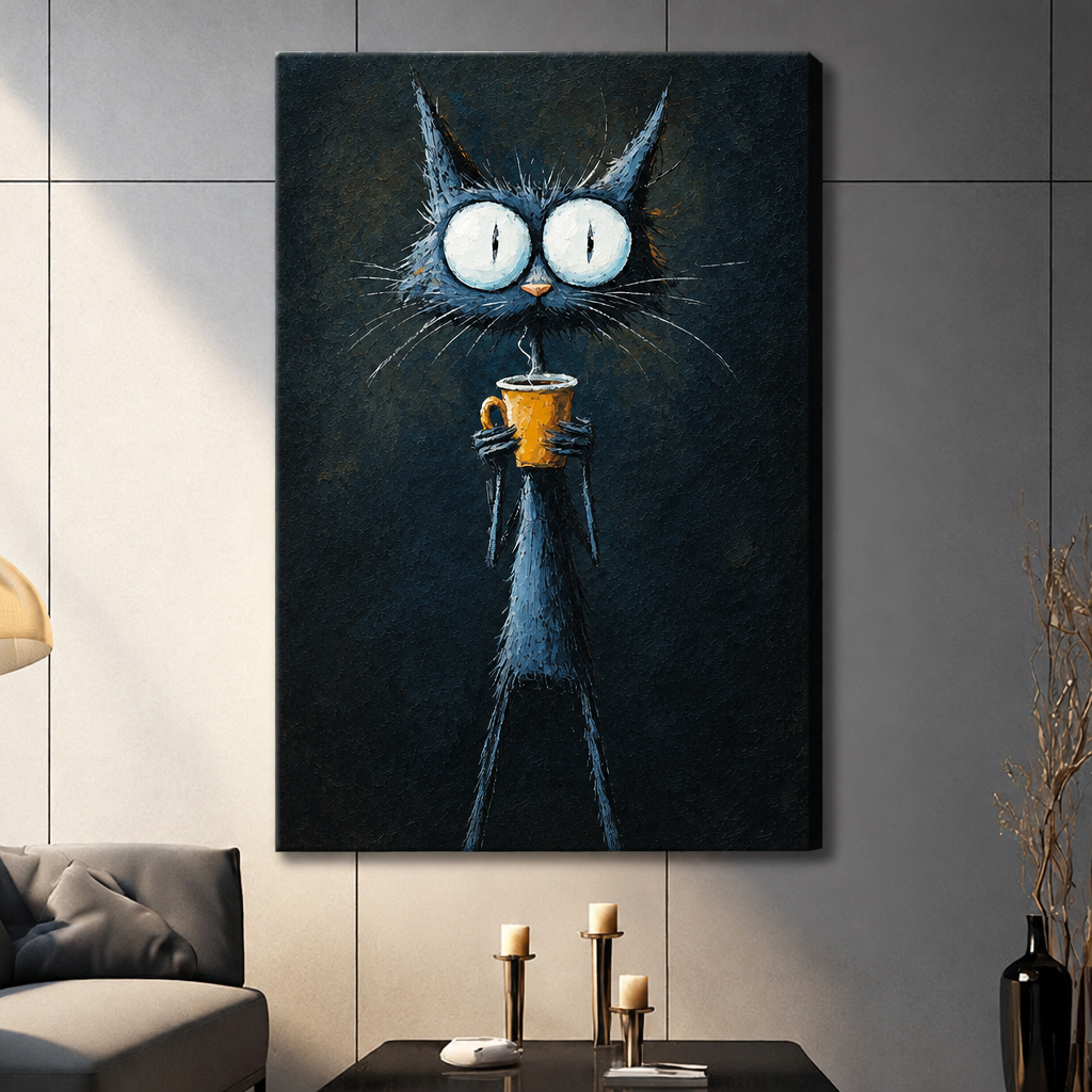 Gothic oil painting of a scrawny wide-eyed black cat with enormous white pupils standing upright and clutching a steaming yellow coffee cup with long spindly paws on a dark background funny cat wall art stretched canvas dark panel wall living room