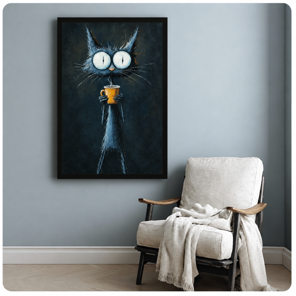 Gothic oil painting of a scrawny wide-eyed black cat with enormous white pupils standing upright and clutching a steaming yellow coffee cup with long spindly paws on a dark background funny cat wall art framed print beside armchair blue-gray wall