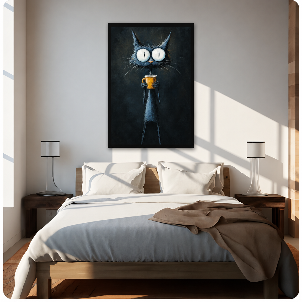 Gothic oil painting of a scrawny wide-eyed black cat with enormous white pupils standing upright and clutching a steaming yellow coffee cup with long spindly paws on a dark background funny cat wall art framed print above bed sunlit bedroom