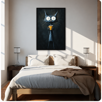 Gothic oil painting of a scrawny wide-eyed black cat with enormous white pupils standing upright and clutching a steaming yellow coffee cup with long spindly paws on a dark background funny cat wall art framed print above bed sunlit bedroom