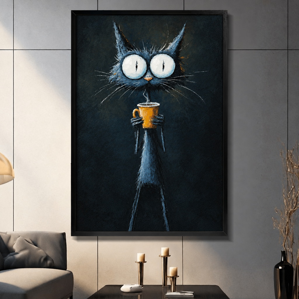 Gothic oil painting of a scrawny wide-eyed black cat with enormous white pupils standing upright and clutching a steaming yellow coffee cup with long spindly paws on a dark background funny cat wall art framed print dark panel wall living room