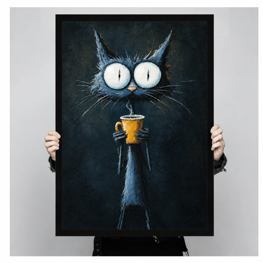 Gothic oil painting of a scrawny wide-eyed black cat with enormous white pupils standing upright and clutching a steaming yellow coffee cup with long spindly paws on a dark background funny cat wall art framed print held up
