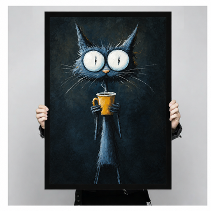 Gothic oil painting of a scrawny wide-eyed black cat with enormous white pupils standing upright and clutching a steaming yellow coffee cup with long spindly paws on a dark background funny cat wall art framed print held up