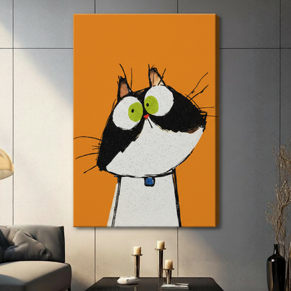 Quirky big-eyed tuxedo cat canvas wrap art print on vibrant orange background, frameless wrap style hung on grey wall in living room