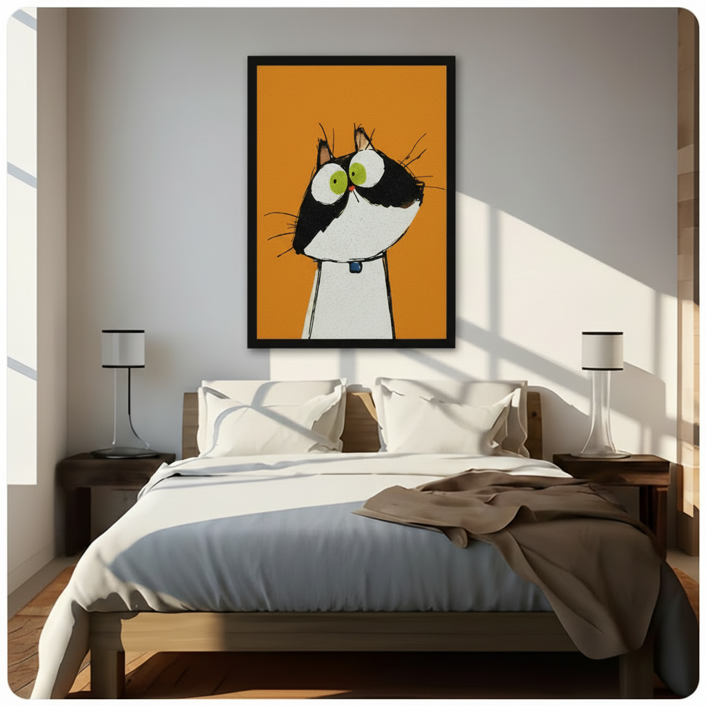 Quirky big-eyed cat wall art in black frame hung above wooden bed in sunlit modern bedroom, vibrant orange background with expressive tuxedo cat illustration