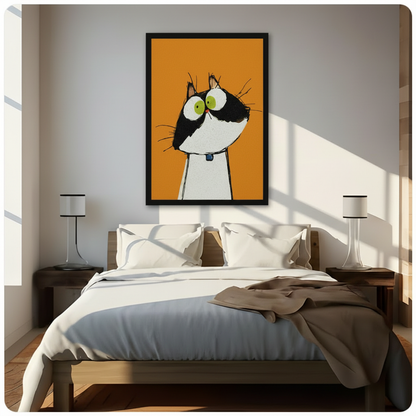 Quirky big-eyed cat wall art in black frame hung above wooden bed in sunlit modern bedroom, vibrant orange background with expressive tuxedo cat illustration