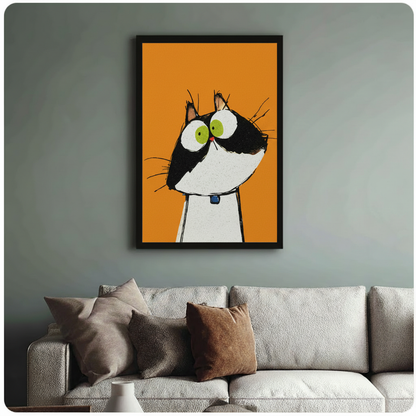 	Humorous wide-eyed cat wall art in black frame hung above cream textured sofa, bold orange background with expressive black and white cat illustration