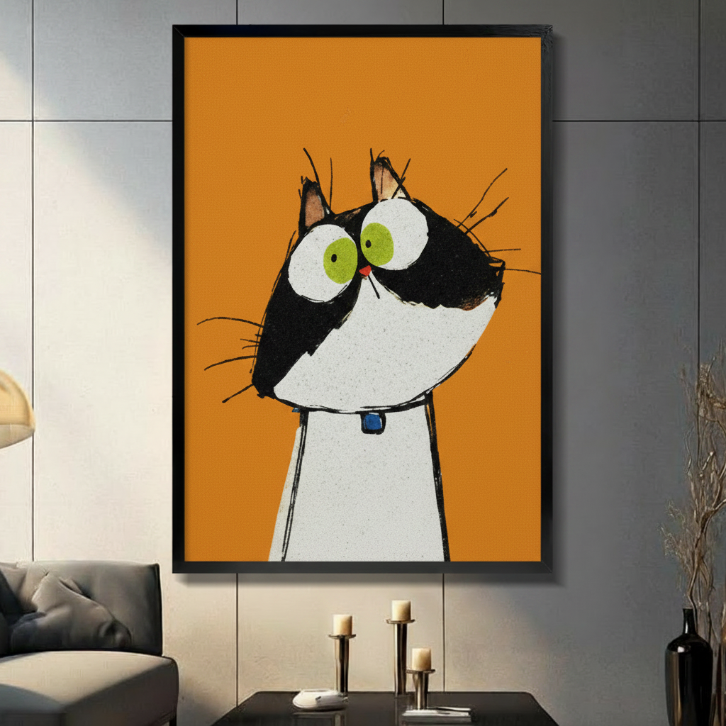 Funny wide-eyed black and white cat wall art print with blue collar on bold orange background, displayed in black frame on dark grey wall with candle decor