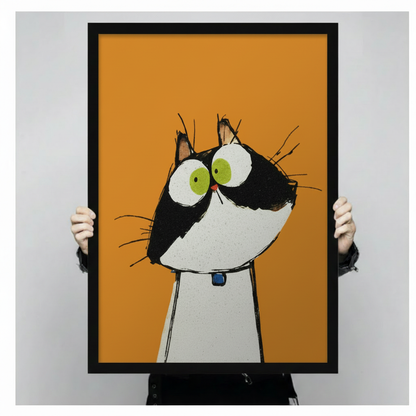 Bold orange cat wall art print featuring a wide-eyed black and white cat with blue collar, held up in black frame to show full print size