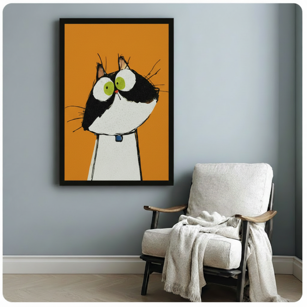Funny tuxedo cat framed art print with green eyes and blue collar, displayed in black frame beside linen armchair in modern reading nook