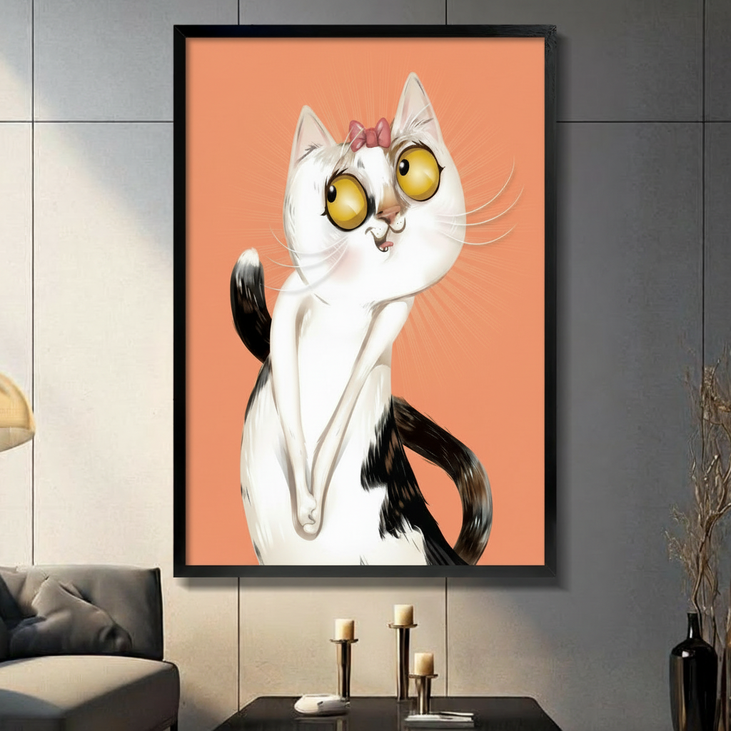 Framed wall art print of a wide-eyed white and black cat with a pink bow on a coral orange background, displayed in a modern dark living room