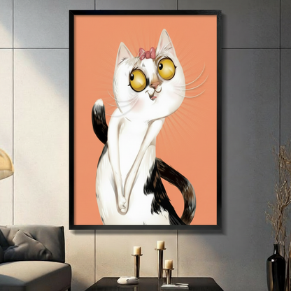 Framed wall art print of a wide-eyed white and black cat with a pink bow on a coral orange background, displayed in a modern dark living room