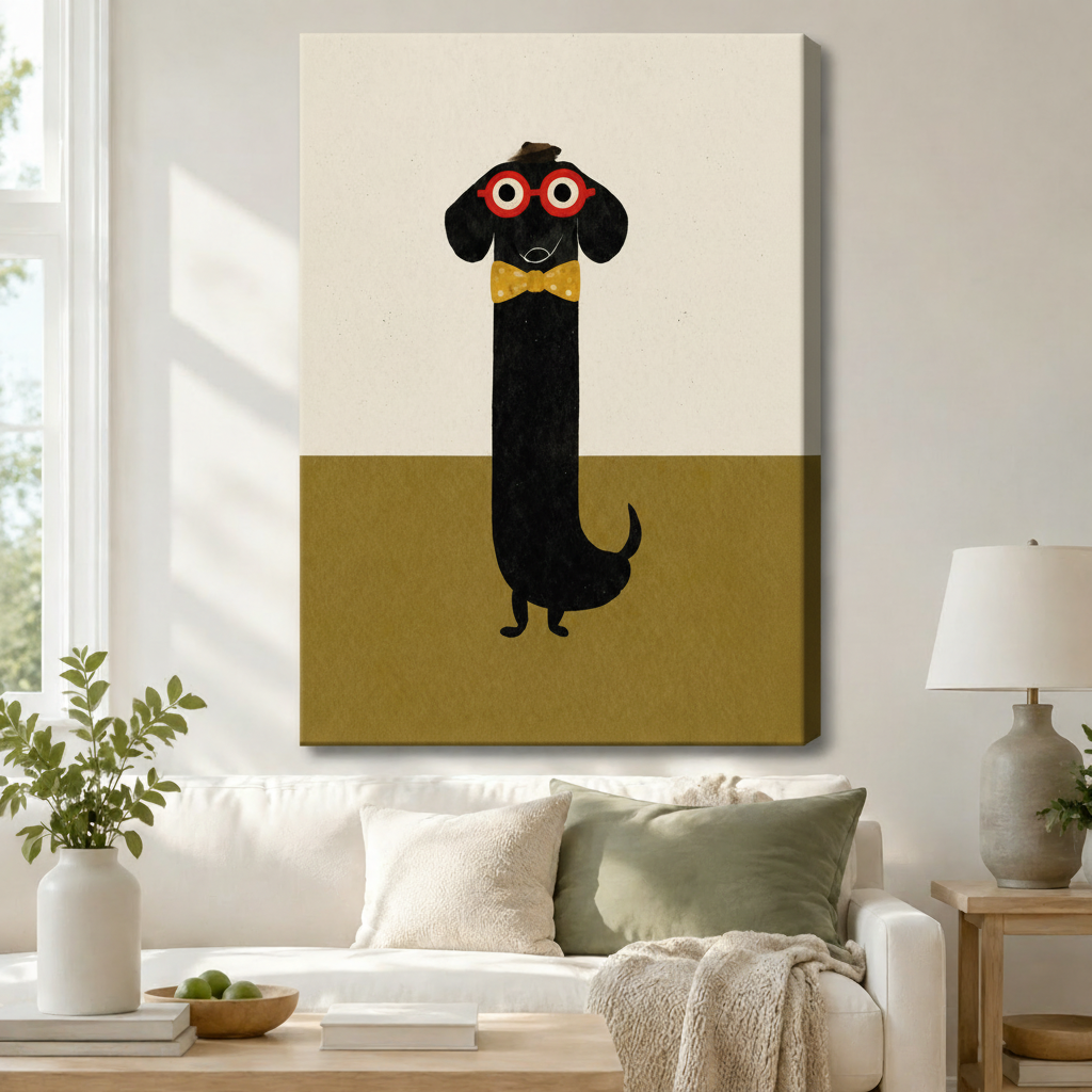 Minimalist wiener dog with red glasses and yellow bow tie gallery wrap canvas print above white sofa in bright Scandinavian-style living room