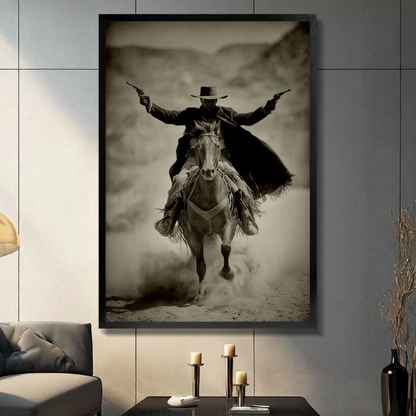 Framed sepia-tone canvas wall art of a dramatic wild west cowboy riding a galloping horse with arms outstretched holding two pistols, displayed on a living room accent wall