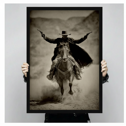 Person holding a large framed sepia canvas print of a dramatic cowboy on horseback with two guns raised, showcasing the bold composition, black frame, and gallery-grade print quality