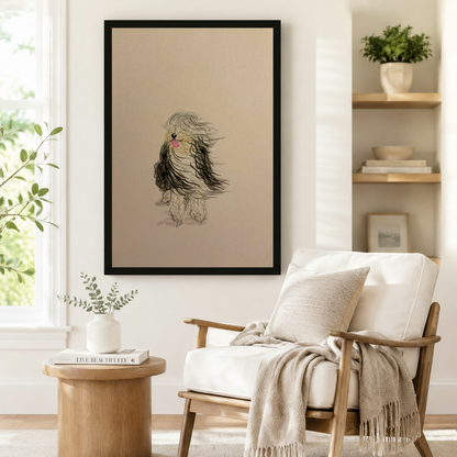 Framed windswept dog illustration print in black frame beside linen armchair in cozy minimalist reading corner