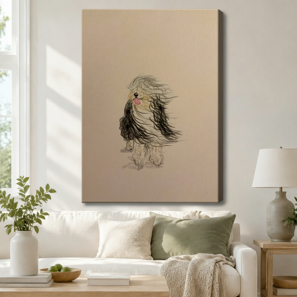 Gallery wrapped canvas of whimsical windswept sheepdog sketch hanging above white sofa in bright boho living room