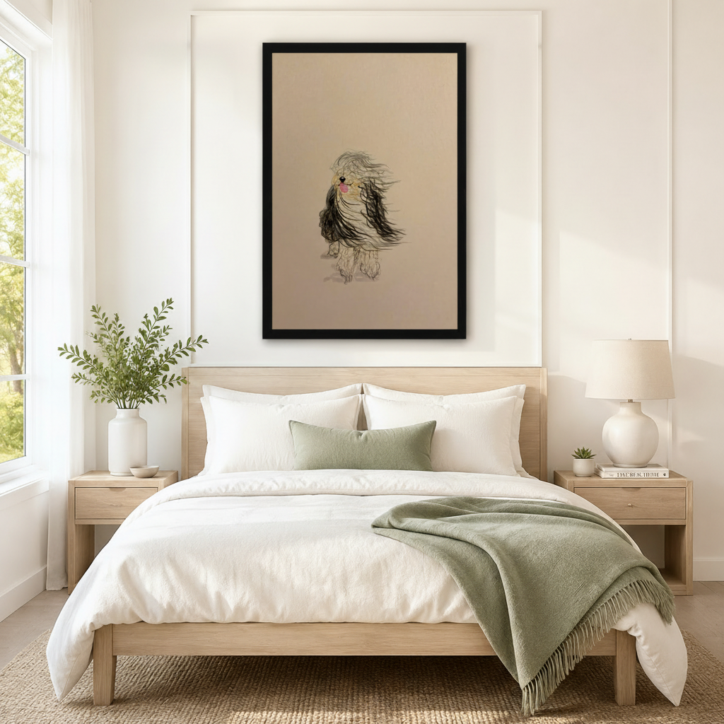 Black framed windswept dog sketch art print centered above bed as statement wall decor in Scandinavian bedroom