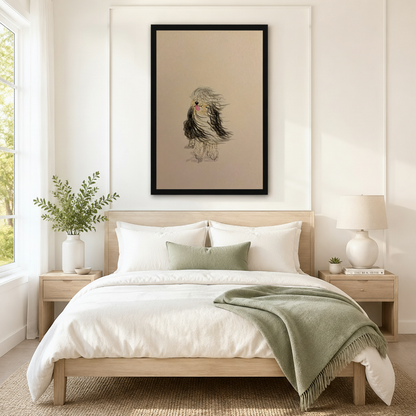 Black framed windswept dog sketch art print centered above bed as statement wall decor in Scandinavian bedroom