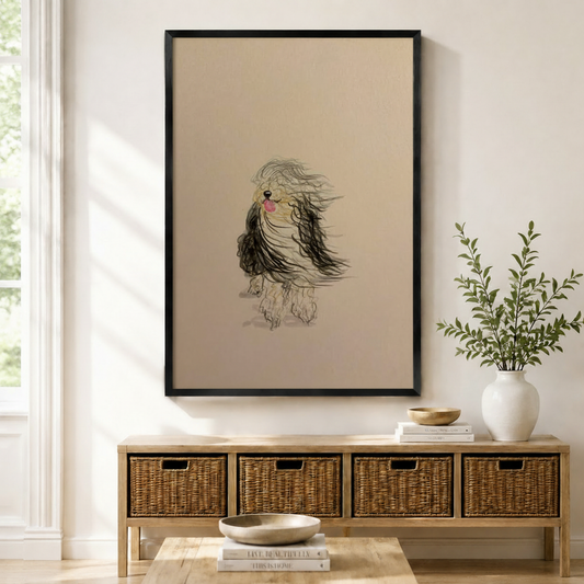 Windswept dog sketch wall art in black frame displayed above wicker console table in neutral entryway
