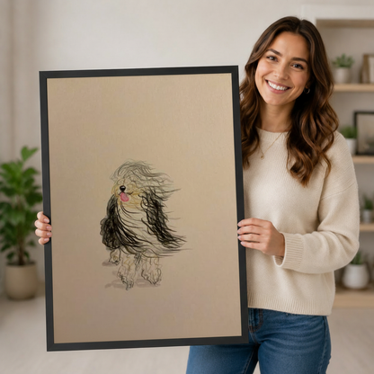 Woman holding large framed windswept sheepdog sketch print showing artwork scale in home setting