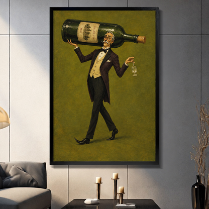 Framed wine bottle illustration hangs above candles, with its olive-green palette against a gray wall.