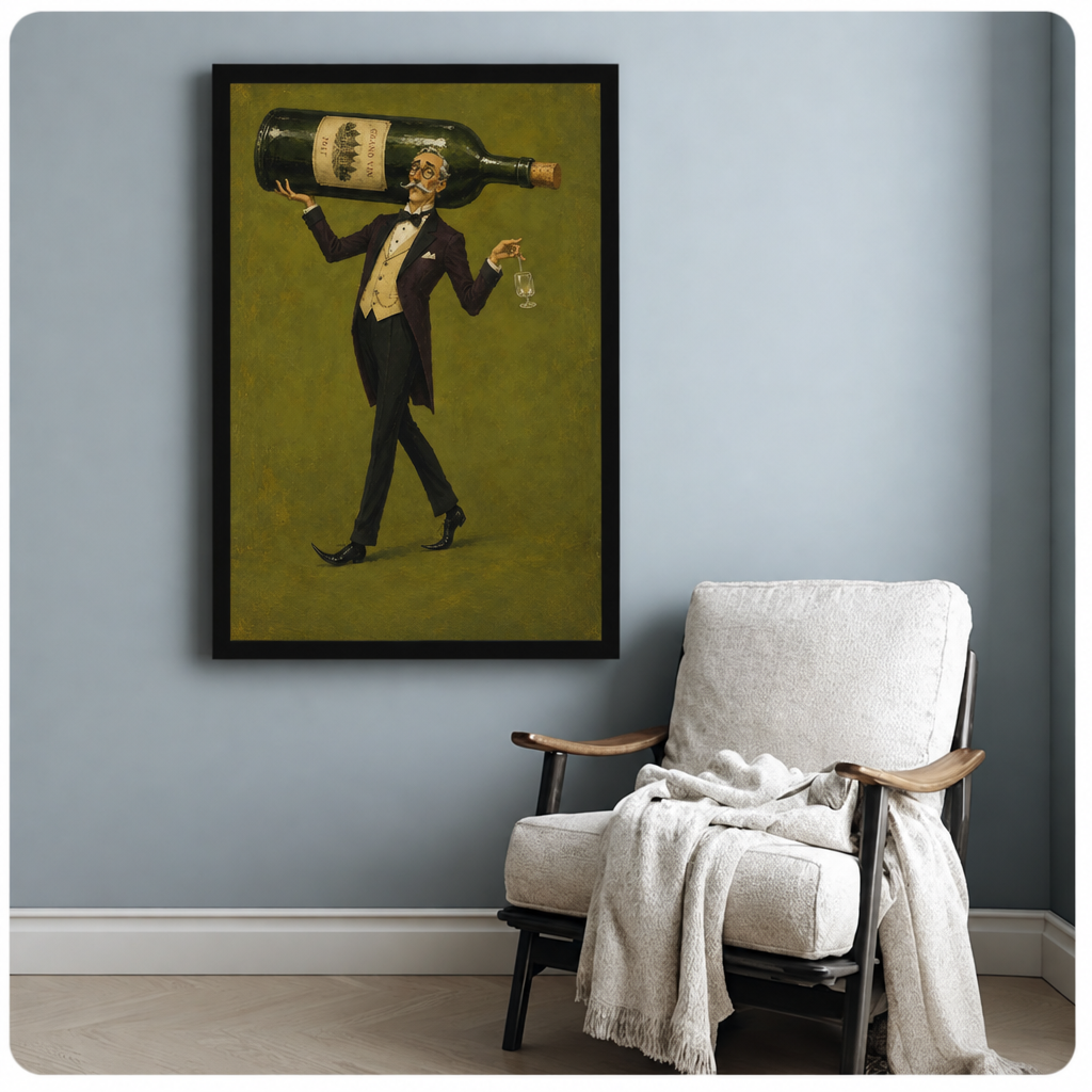 Vintage wine wall art hangs beside a white armchair in a quiet reading corner.
