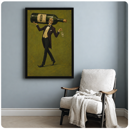 Vintage wine wall art hangs beside a white armchair in a quiet reading corner.