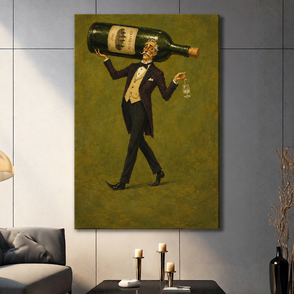 Unframed vintage wine canvas art shows a tuxedoed gentleman carrying an oversized bottle above a candlelit table.