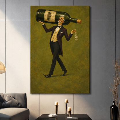 Unframed vintage wine canvas art shows a tuxedoed gentleman carrying an oversized bottle above a candlelit table.