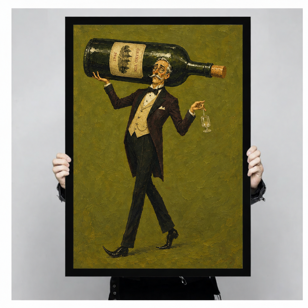 Hands hold framed wine bottle wall art featuring a gentleman with a wineglass against an olive-green background.
