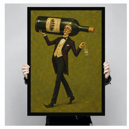 Hands hold framed wine bottle wall art featuring a gentleman with a wineglass against an olive-green background.
