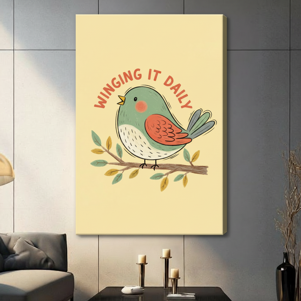 Playful vintage-style flat cartoon illustration wall art reading winging it daily in curved terracotta red hand-lettered text above a plump adorable round bird sitting on a small illustrated branch with tiny teal and yellow-gold leaves the bird features a muted teal-green round body soft white dotted belly warm burnt orange-red wing with feather detail blue-gray fanned tail feathers a tiny pointed yellow beak and a small pink blush circle on its cheek with its wing slightly lifted as if waving on a warm cre