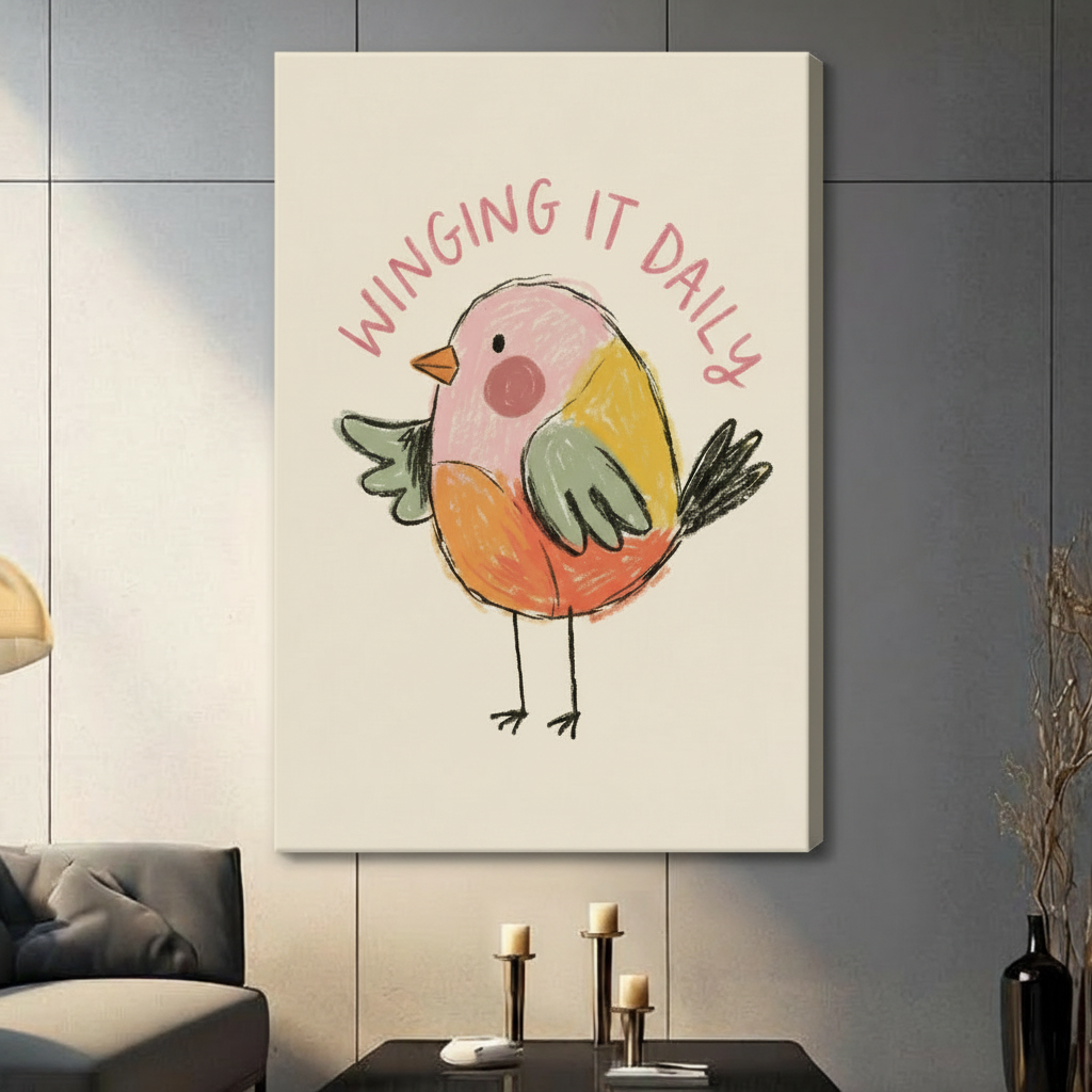 Winging It Daily colorful bird illustration on gallery wrap canvas mounted on light beige wall in living room