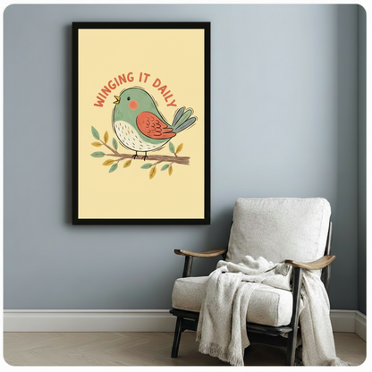 Delightful retro hand-drawn cartoon art poster with the upward arching phrase winging it daily in warm red rounded letters centered above a chubby cute bird perched on a leafy twig the bird has a soft sage teal round body white lightly textured belly and chest a rich terracotta orange wing with overlapping feather scales gray-blue splayed tail feathers a short yellow beak and a round pink blush cheek dot with one wing slightly raised in a wave gesture the twig has alternating small teal green and warm golde