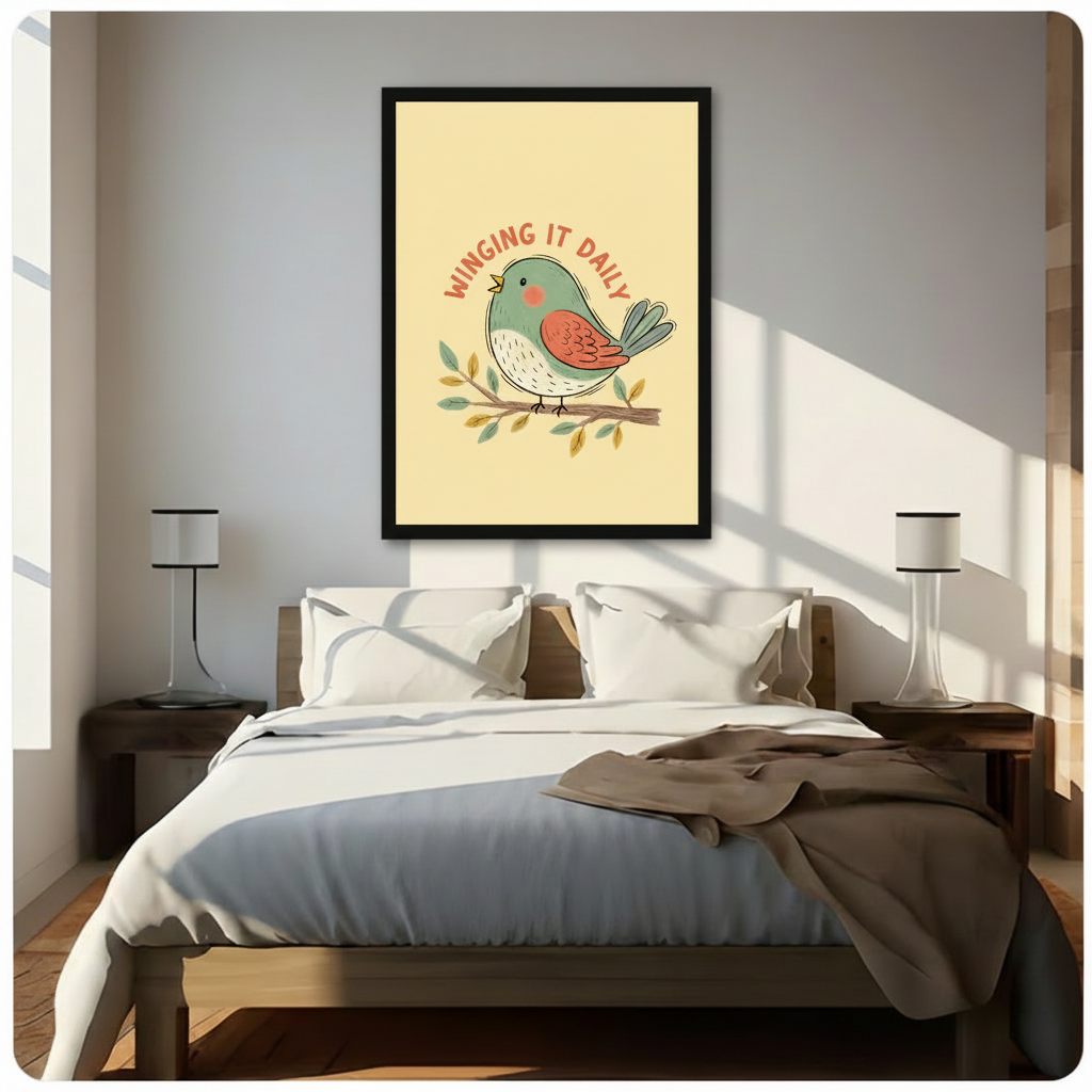 Sweet retro flat illustration art print with the arched cheerful phrase winging it daily in curved warm red hand-drawn lettering above a round plump cute cartoon bird resting on a small leafy branch the bird features a soft teal blue-green body white dotted belly and chest warm rust orange wing with feather texture detail light gray-blue fanned tail a tiny yellow beak and a soft pink blush cheek mark with its wing gently raised teal and golden yellow small leaves decorate the branch on a warm soft butter ye