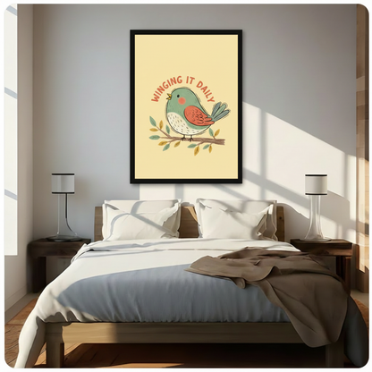 Sweet retro flat illustration art print with the arched cheerful phrase winging it daily in curved warm red hand-drawn lettering above a round plump cute cartoon bird resting on a small leafy branch the bird features a soft teal blue-green body white dotted belly and chest warm rust orange wing with feather texture detail light gray-blue fanned tail a tiny yellow beak and a soft pink blush cheek mark with its wing gently raised teal and golden yellow small leaves decorate the branch on a warm soft butter ye