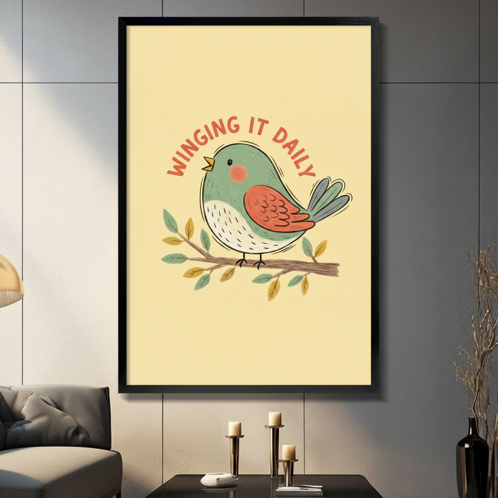 Cheerful retro flat illustration poster with the curved text winging it daily in warm red lettering arching above a cute round cartoon bird perched on a leafy branch the bird has a soft teal blue-green round body white speckled chest and belly bright rust red-orange wing gray-blue tail feathers a small yellow beak and a rosy pink blush dot on its cheek with its right wing slightly raised in a friendly wave the branch has small teal and golden-yellow leaves on a soft pastel butter yellow background funny pos