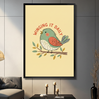 Cheerful retro flat illustration poster with the curved text winging it daily in warm red lettering arching above a cute round cartoon bird perched on a leafy branch the bird has a soft teal blue-green round body white speckled chest and belly bright rust red-orange wing gray-blue tail feathers a small yellow beak and a rosy pink blush dot on its cheek with its right wing slightly raised in a friendly wave the branch has small teal and golden-yellow leaves on a soft pastel butter yellow background funny pos