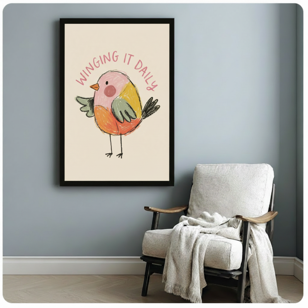 Winging It Daily framed bird art print hanging on blue-grey wall beside a linen armchair