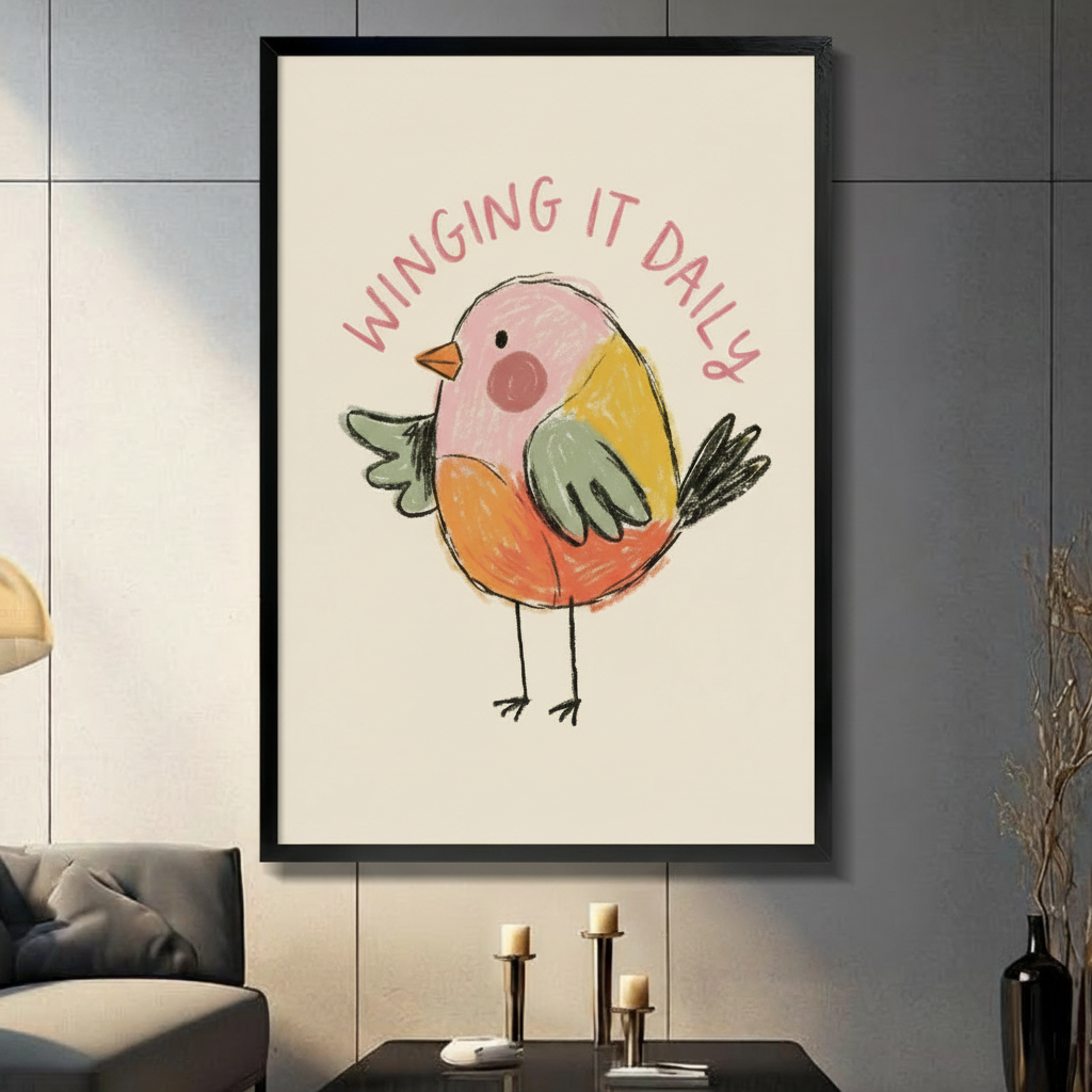 Winging It Daily cute bird wall art in black frame displayed in modern living room above console table