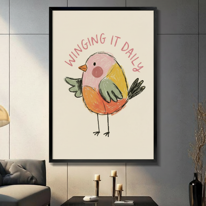 Winging It Daily cute bird wall art in black frame displayed in modern living room above console table
