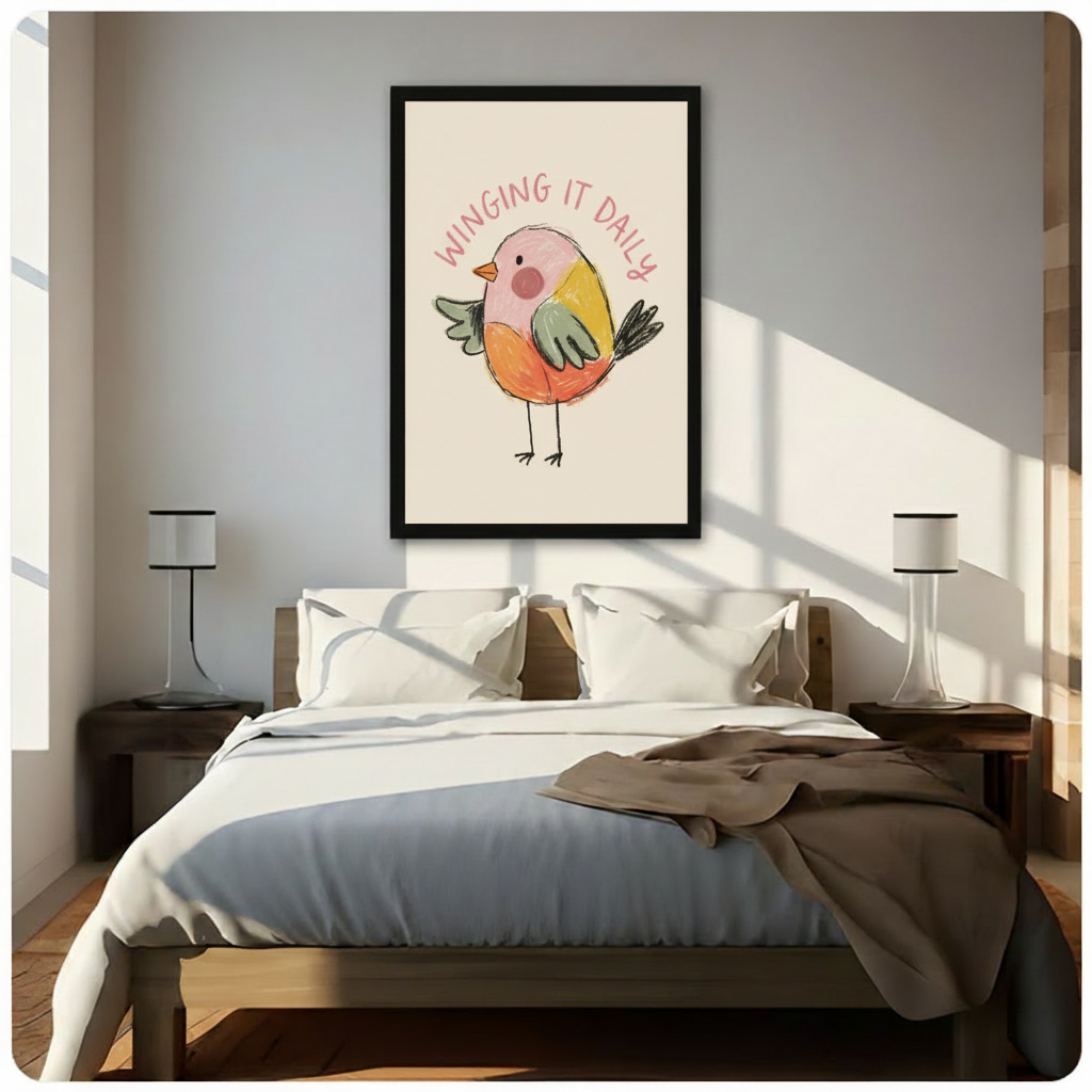 Winging It Daily framed bird print displayed above bed in bright Scandinavian-style bedroom with natural light