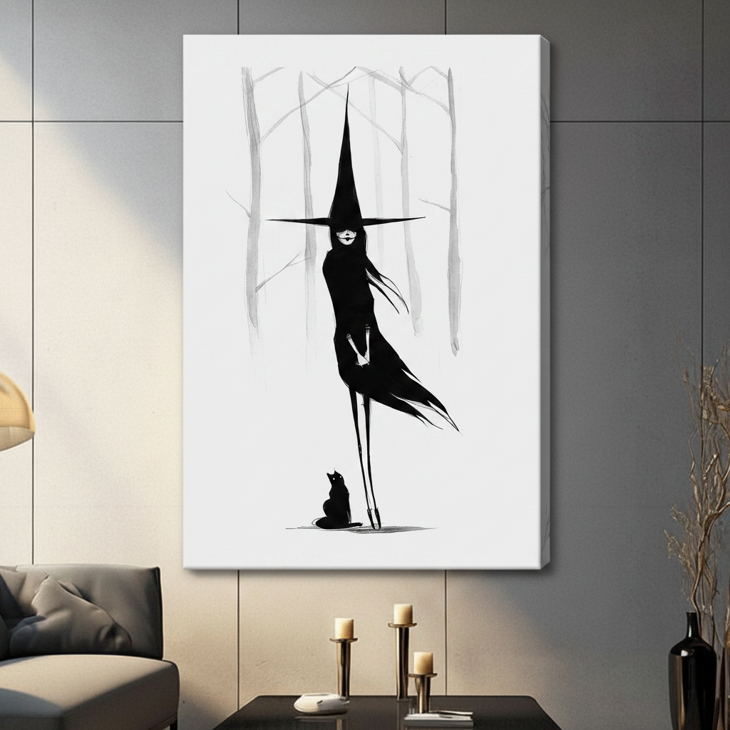 Black and white witch canvas wrap print displayed on grey wall, frameless gallery wrap style