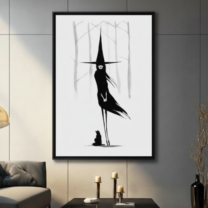 Minimalist black and white witch wall art in black frame, hung on dark grey wall above candle holders