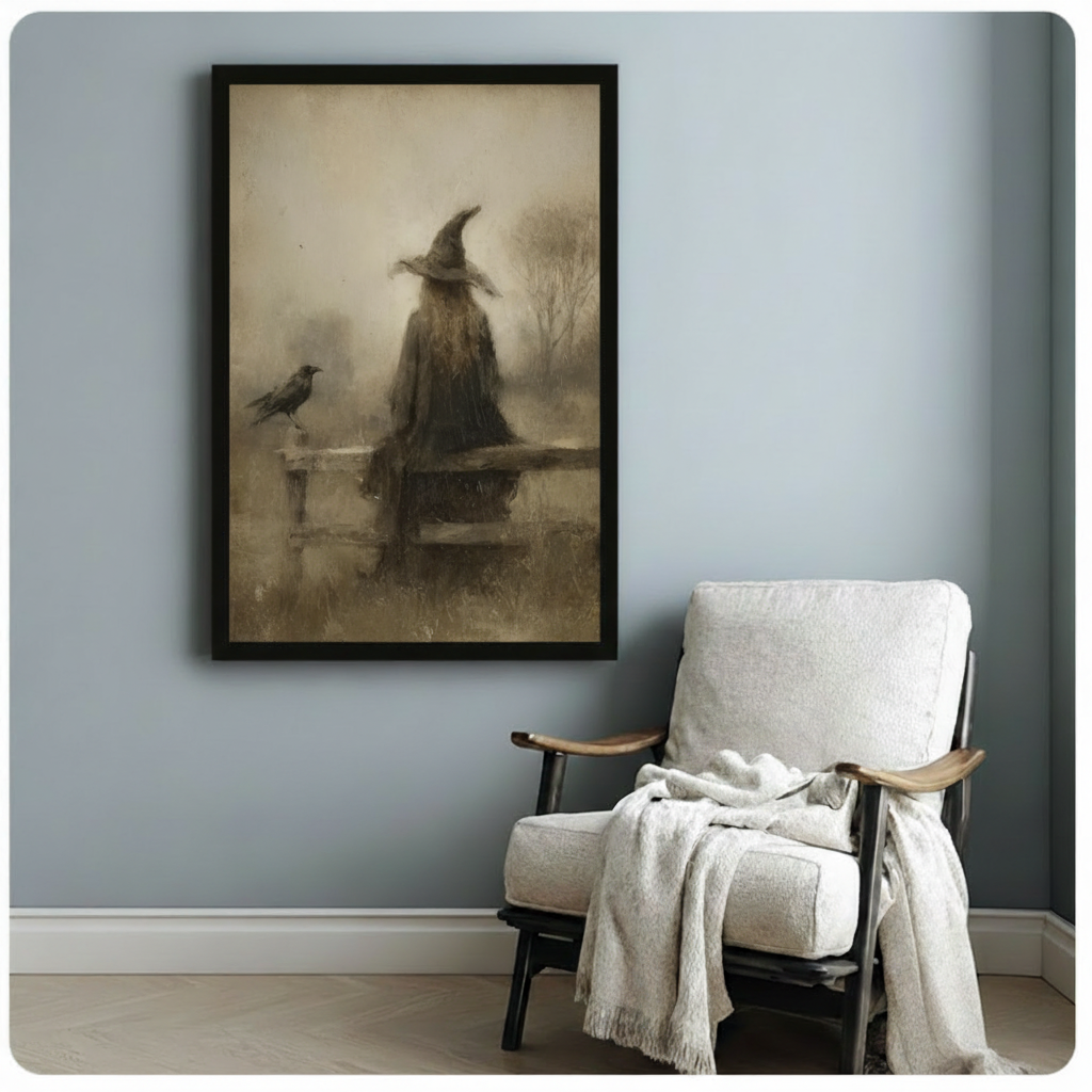 Witch hat canvas wall art featuring a misty witch and crow above a white armchair