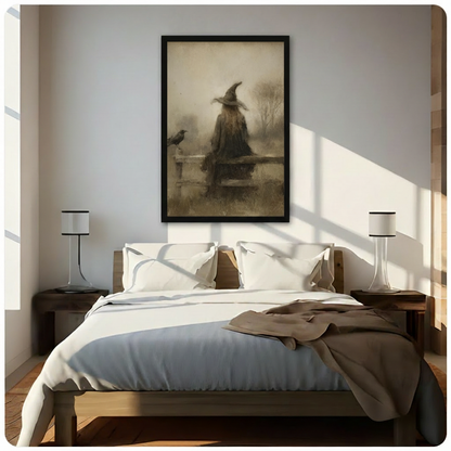 Witch hat canvas wall art above a bed, depicting a shadowy witch and crow in a foggy landscape