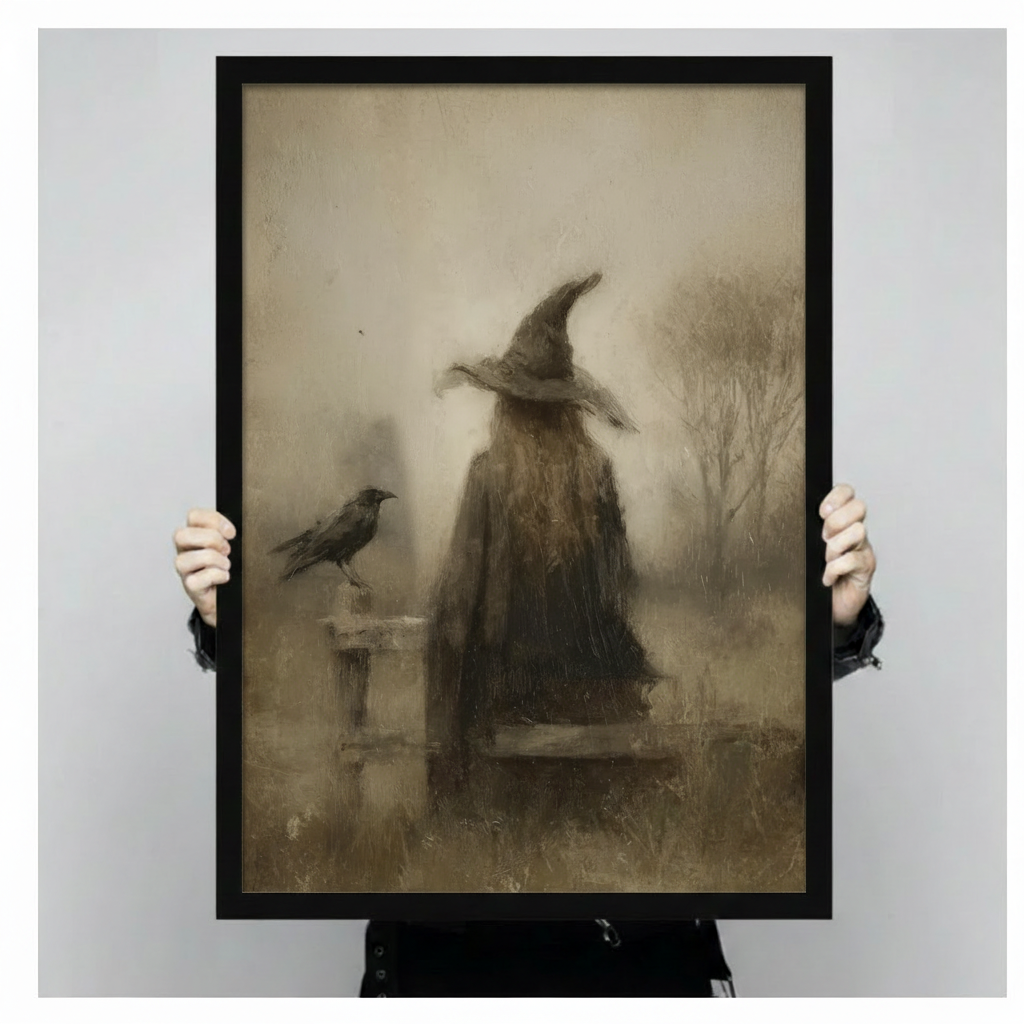 Witch hat canvas wall art held by hands, showing a sepia witch silhouette and perched crow