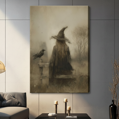 Witch hat canvas wall art displayed in a modern living room with a muted sepia witch and crow scene